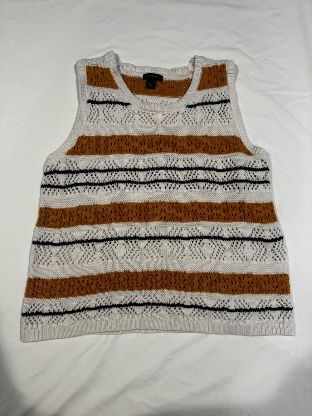 Woven Striped Open-Knit Sweater Vest - White & butterscotch with black